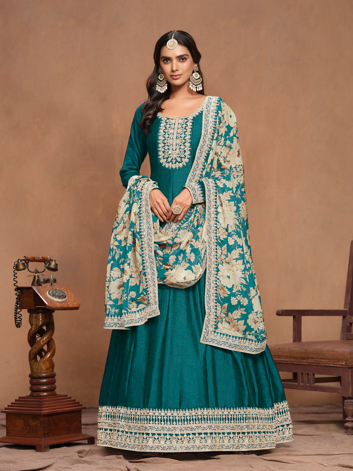 Graceful Art Silk Anarkali Suit with Embroidered Detailing & Floral Dupatta | Perfect for Weddings & Festive Occasions