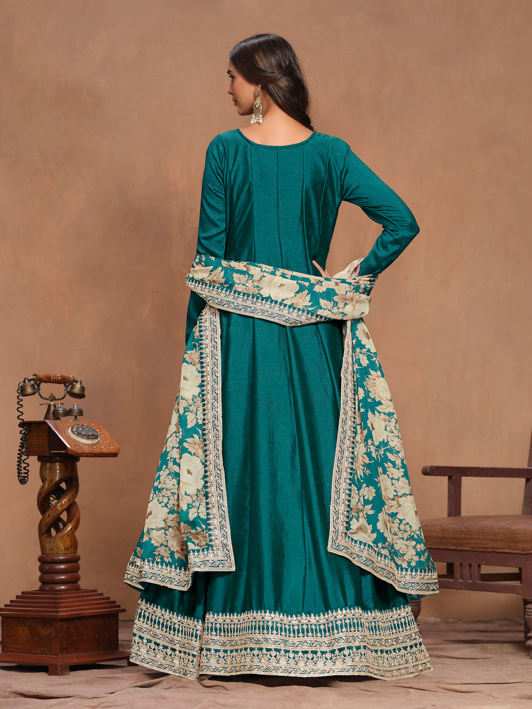 Graceful Art Silk Anarkali Suit with Embroidered Detailing & Floral Dupatta | Perfect for Weddings & Festive Occasions