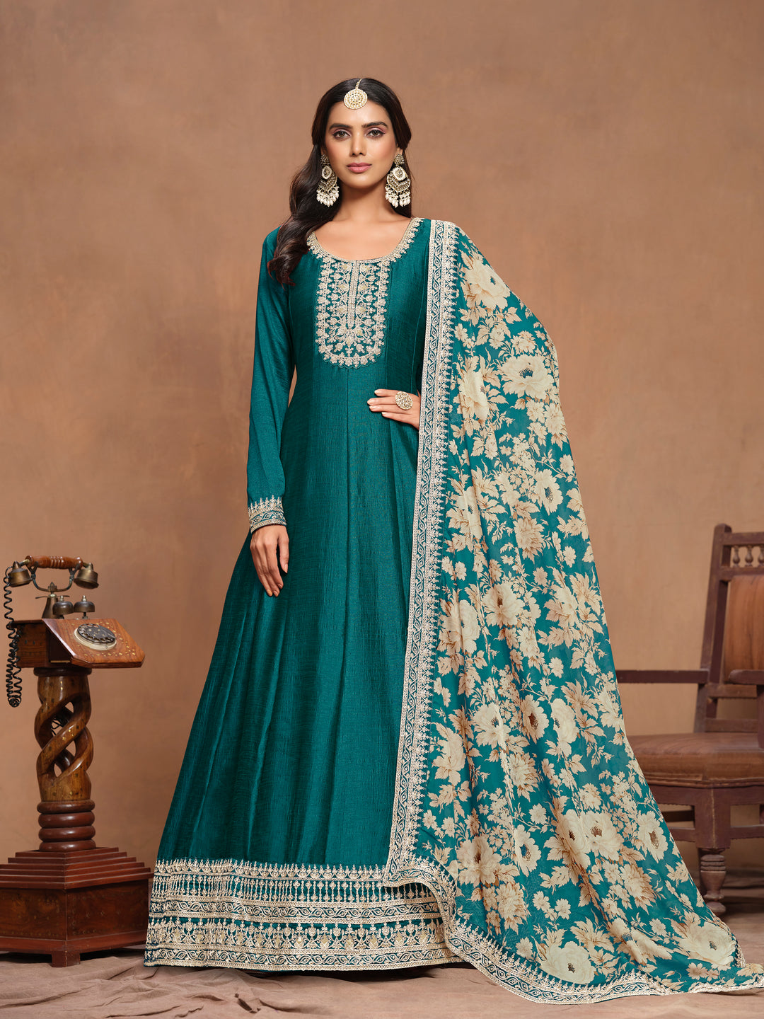 Graceful Art Silk Anarkali Suit with Embroidered Detailing & Floral Dupatta | Perfect for Weddings & Festive Occasions