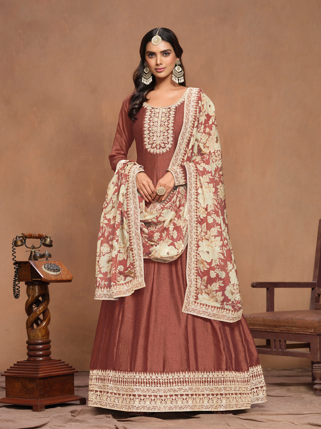 Graceful Art Silk Anarkali Suit with Embroidered Detailing & Floral Dupatta | Perfect for Weddings & Festive Occasions