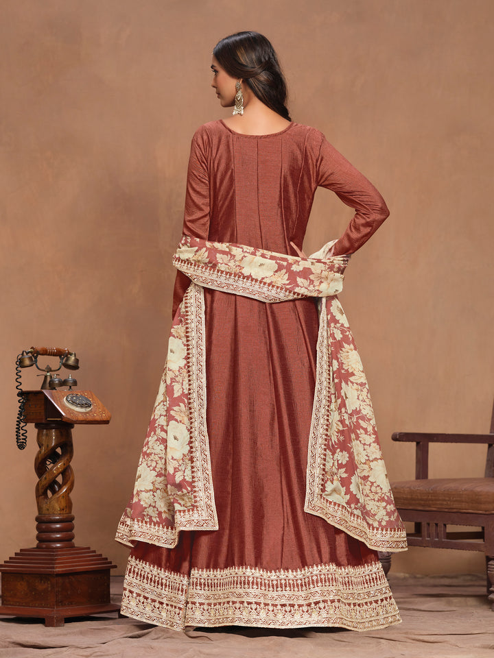 Graceful Art Silk Anarkali Suit with Embroidered Detailing & Floral Dupatta | Perfect for Weddings & Festive Occasions