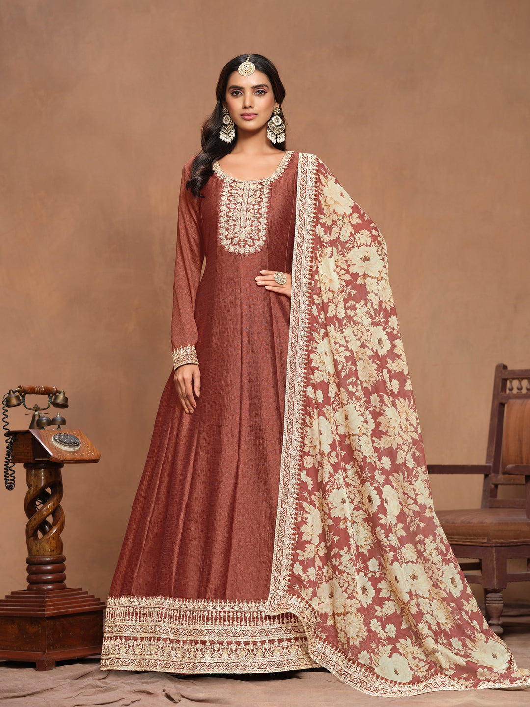 Graceful Art Silk Anarkali Suit with Embroidered Detailing & Floral Dupatta | Perfect for Weddings & Festive Occasions