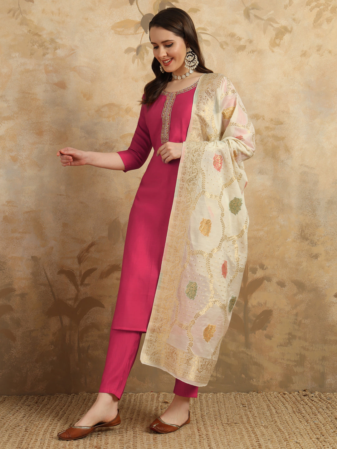 Elegant Chanderi Salwar Kameez with Floral Dupatta | Perfect for Festive & Ethnic Wear