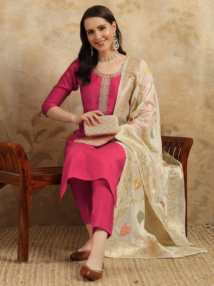 Elegant Chanderi Salwar Kameez with Floral Dupatta | Perfect for Festive & Ethnic Wear