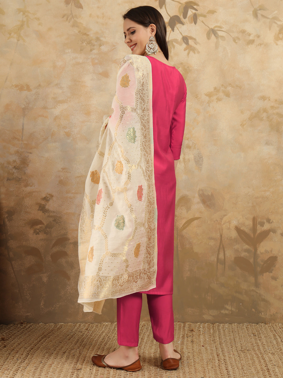 Elegant Chanderi Salwar Kameez with Floral Dupatta | Perfect for Festive & Ethnic Wear