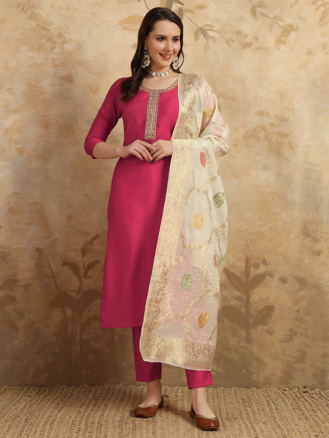 Elegant Chanderi Salwar Kameez with Floral Dupatta | Perfect for Festive & Ethnic Wear