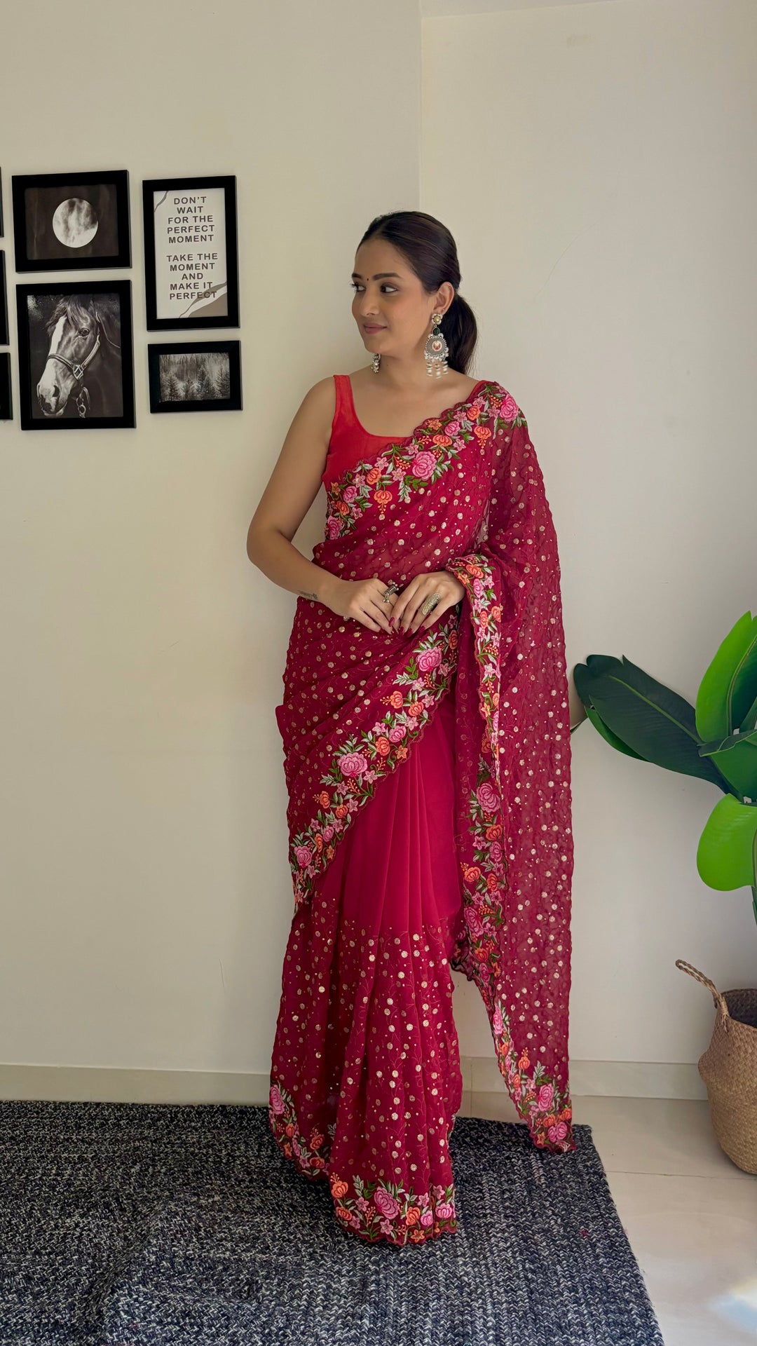 Georgette Saree with Diamond Silk Bottom | Thread & Sequence Embroidery for Weddings