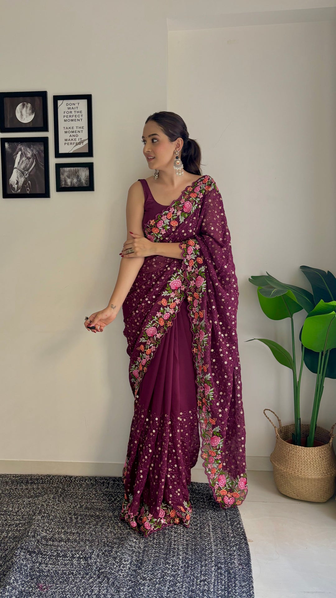 Georgette Saree with Diamond Silk Bottom | Thread & Sequence Embroidery for Weddings