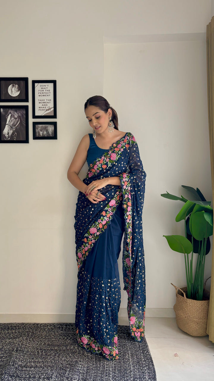 Georgette Saree with Diamond Silk Bottom | Thread & Sequence Embroidery for Weddings