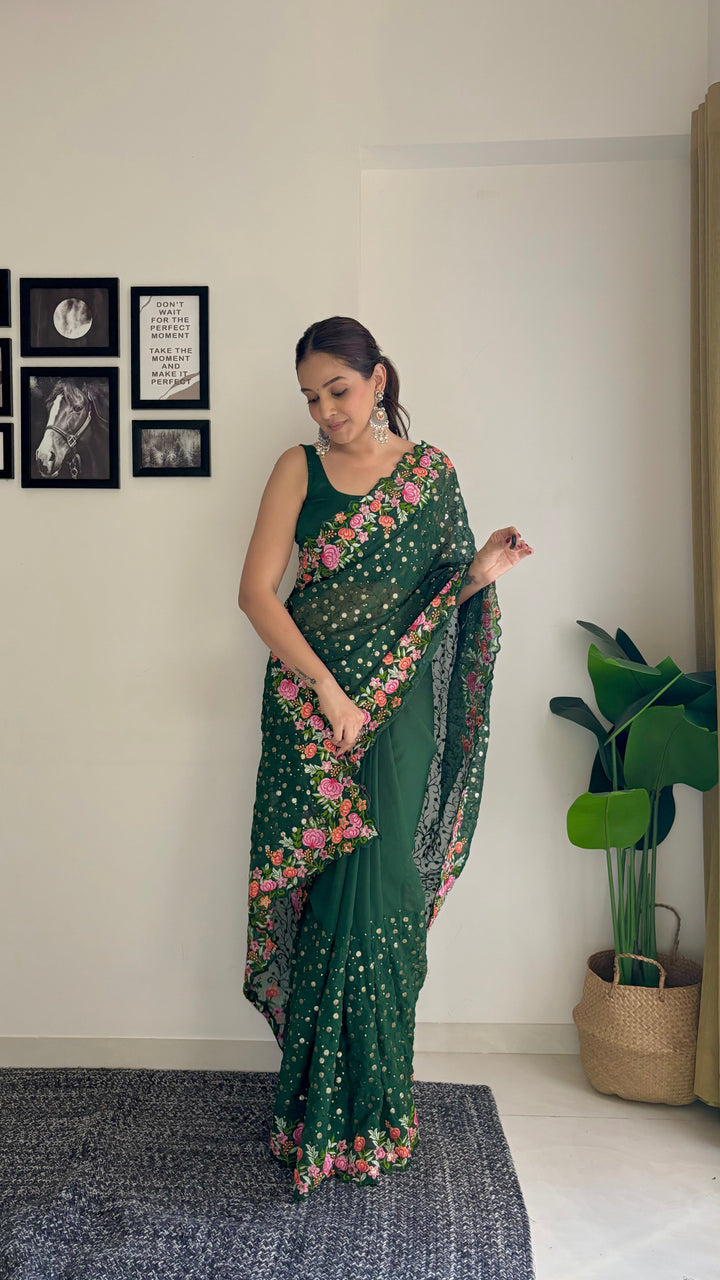 Georgette Saree with Diamond Silk Bottom | Thread & Sequence Embroidery for Weddings