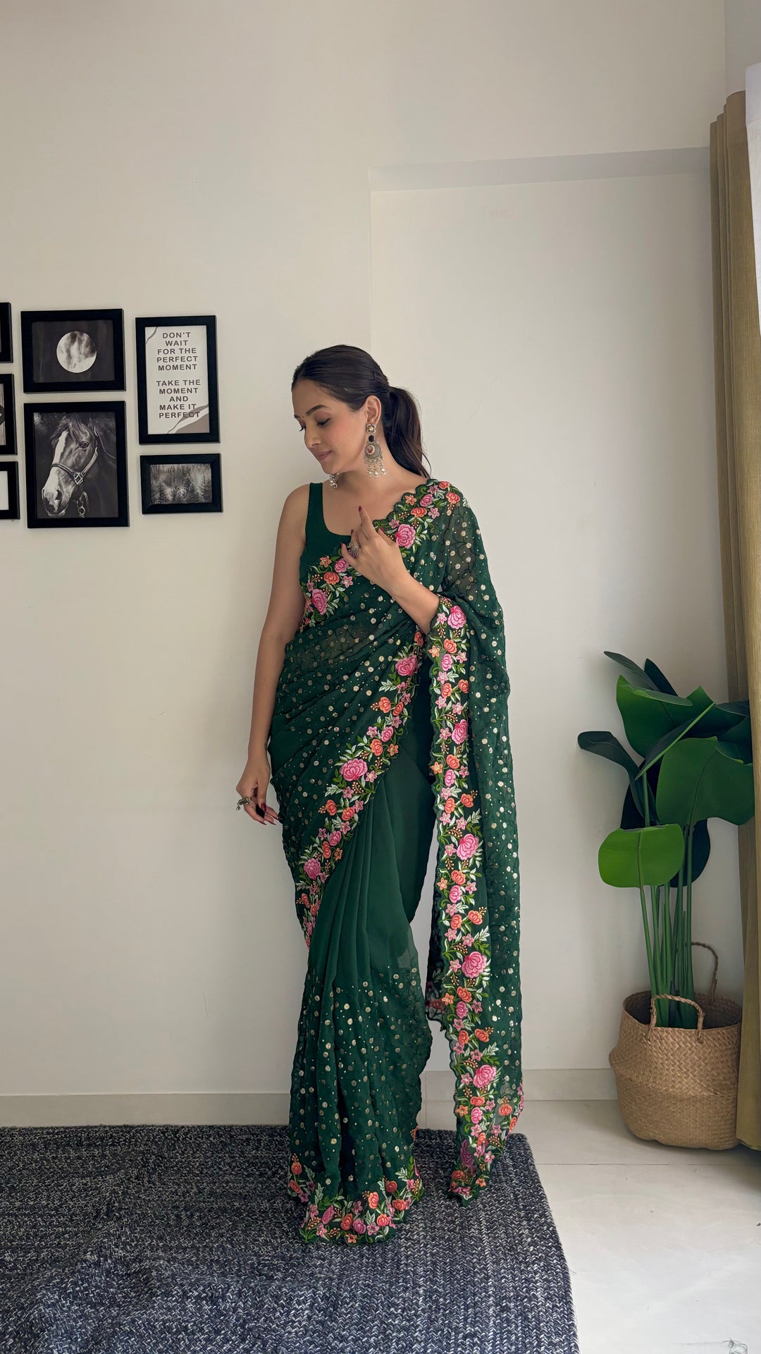 Georgette Saree with Diamond Silk Bottom | Thread & Sequence Embroidery for Weddings