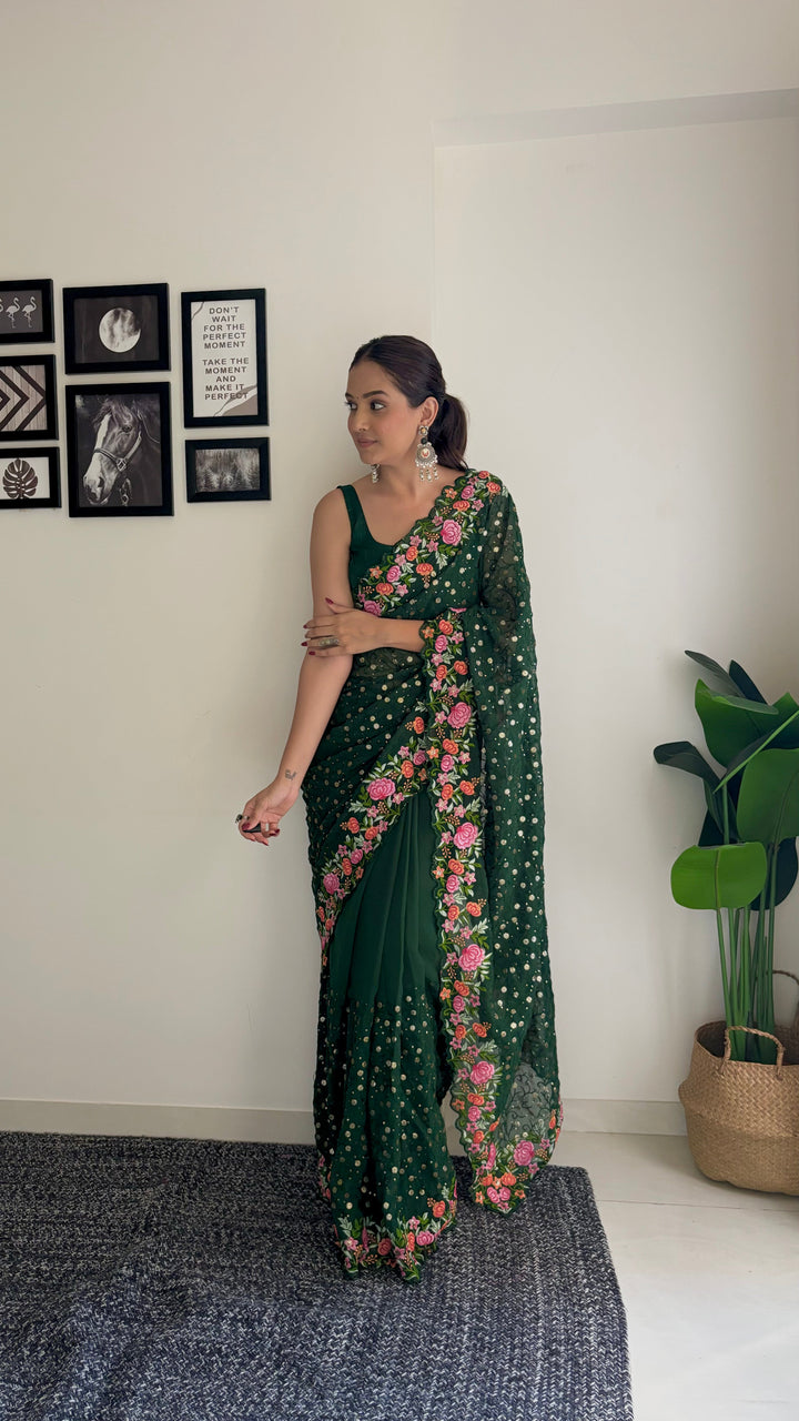 Georgette Saree with Diamond Silk Bottom | Thread & Sequence Embroidery for Weddings