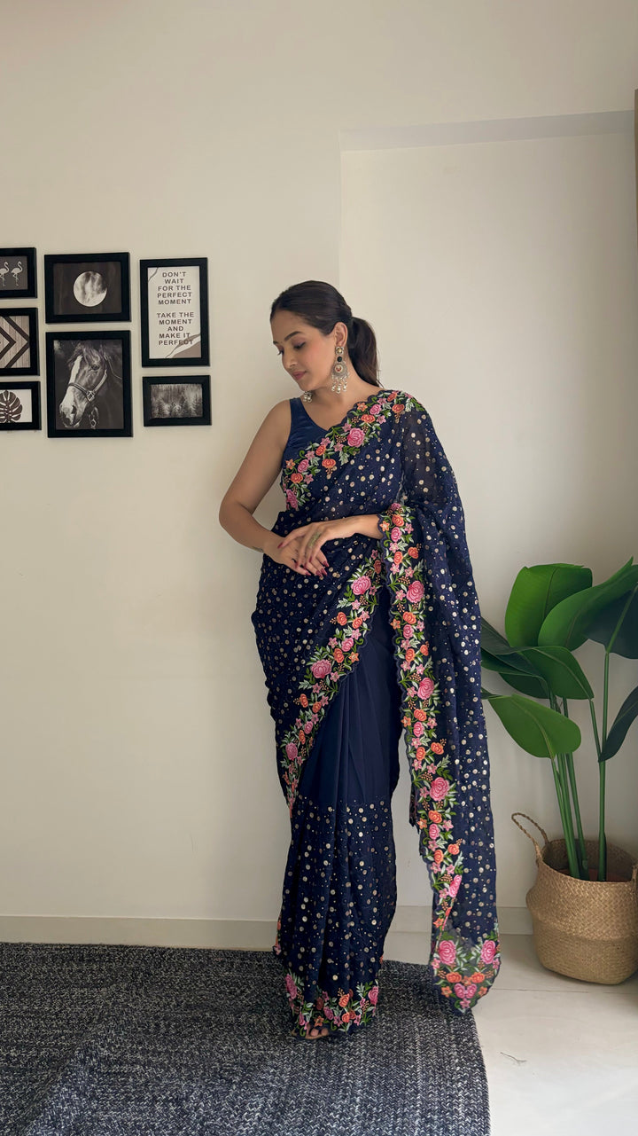 Georgette Saree with Diamond Silk Bottom | Thread & Sequence Embroidery for Weddings