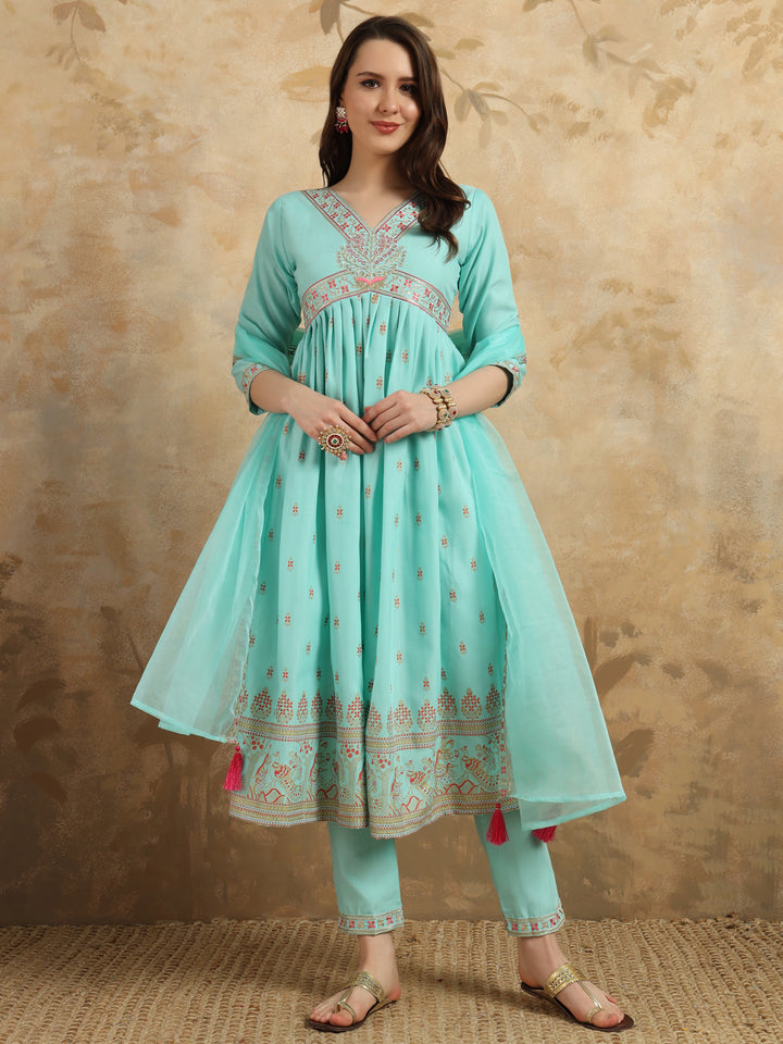 Sky Blue Rayon Slub Salwar Kameez with Elegant Embroidery | Festive Ethnic Wear