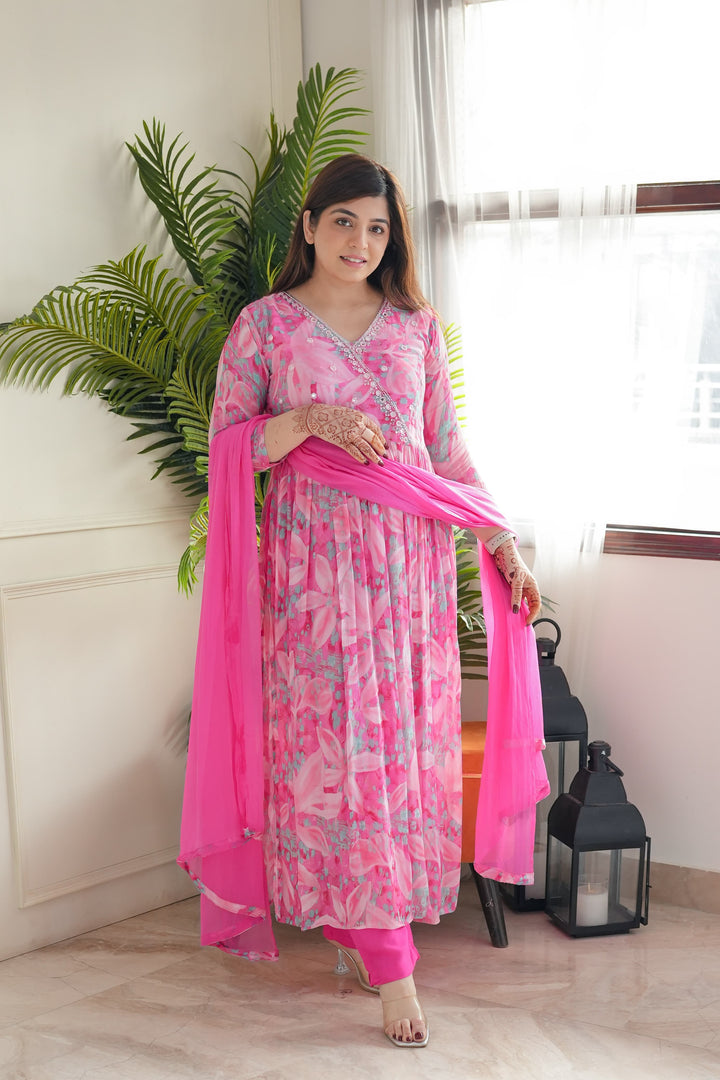 Elegant Pink Georgette Salwar Kameez with Floral Print | Stylish Ethnic Wear