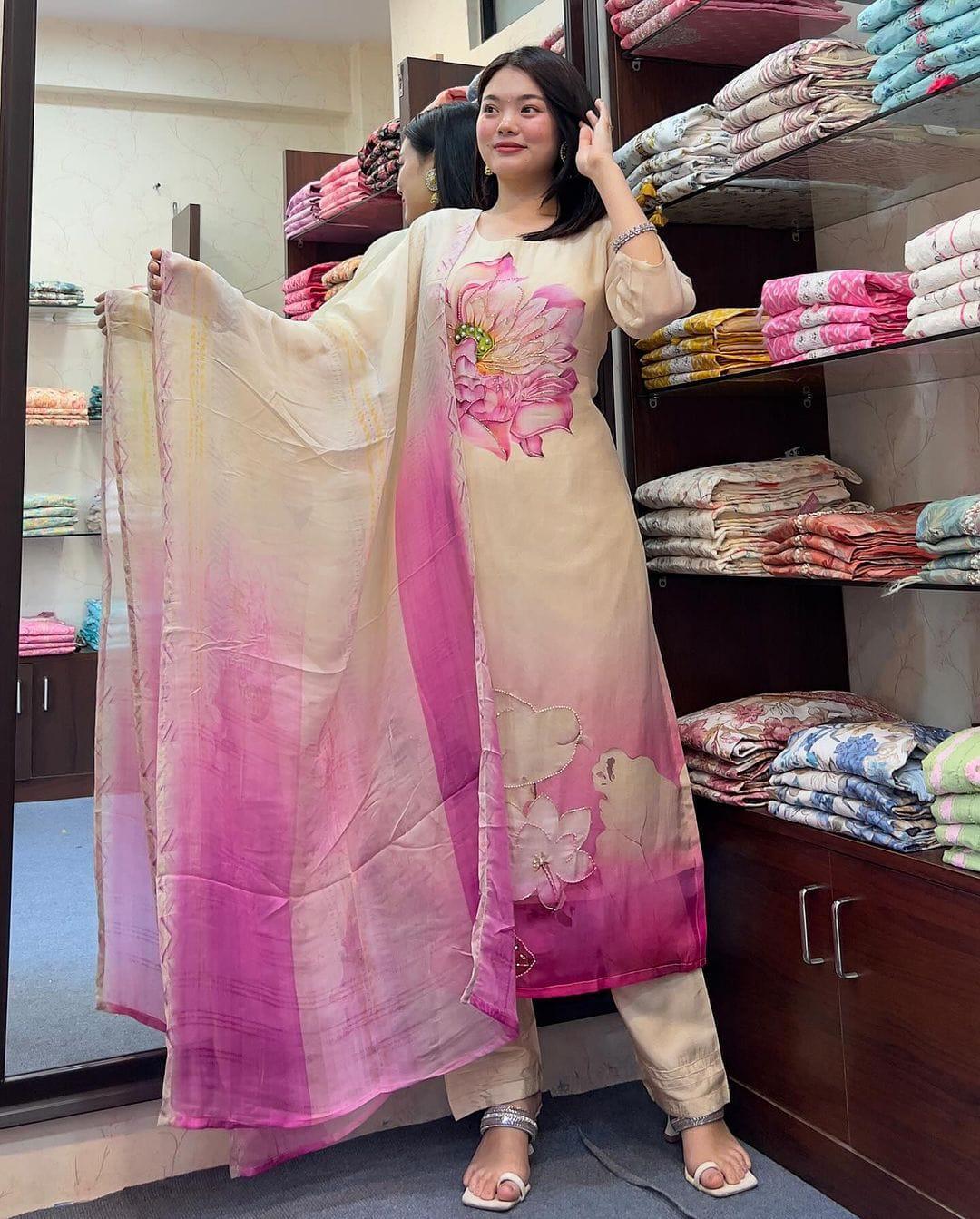 Elegant Off-White Taby Silk Salwar Kameez with Floral Print | Perfect Festive and Party Wear Outfit