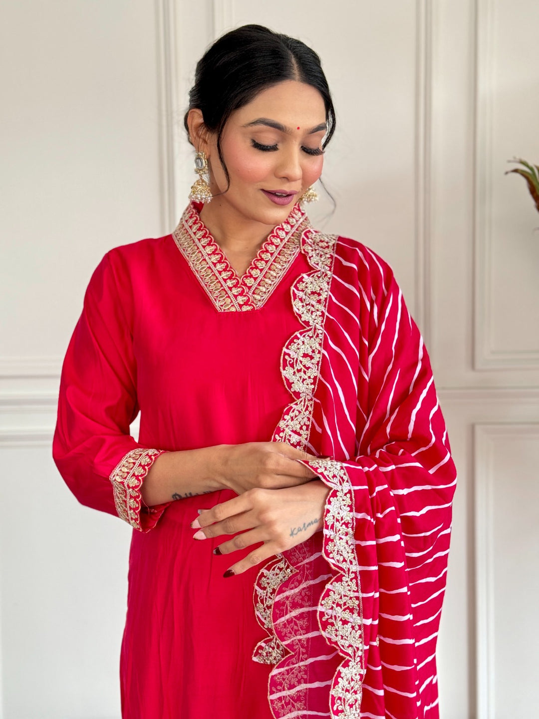 Radiant Red Chanderi Salwar Kameez with Elegant Embroidery | Perfect for Festive Wear