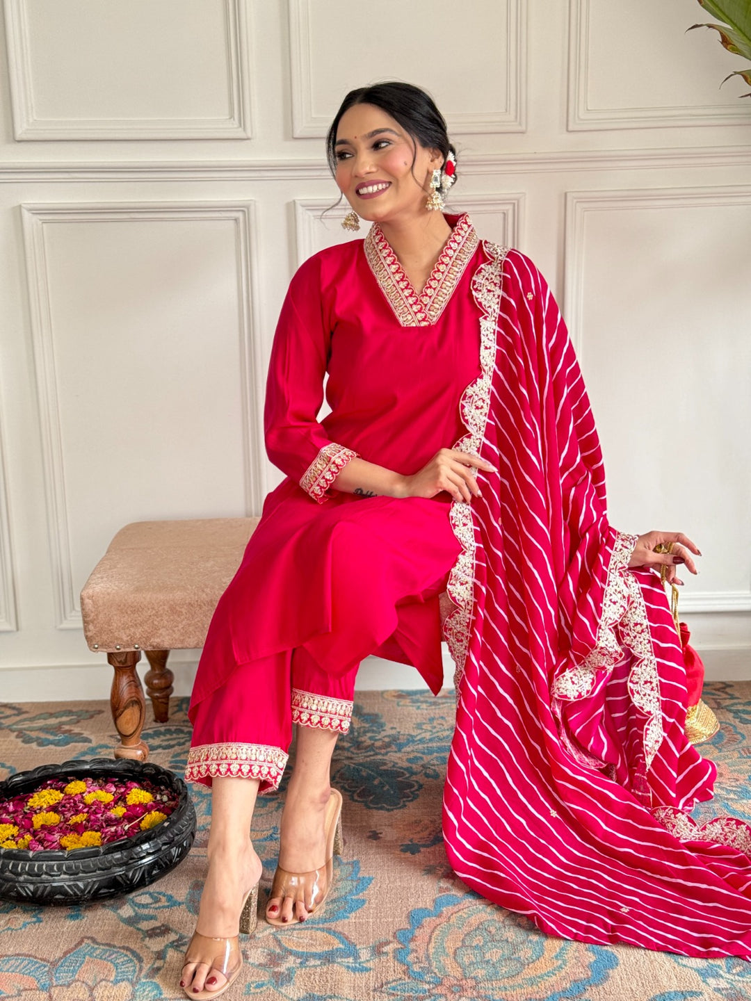 Radiant Red Chanderi Salwar Kameez with Elegant Embroidery | Perfect for Festive Wear