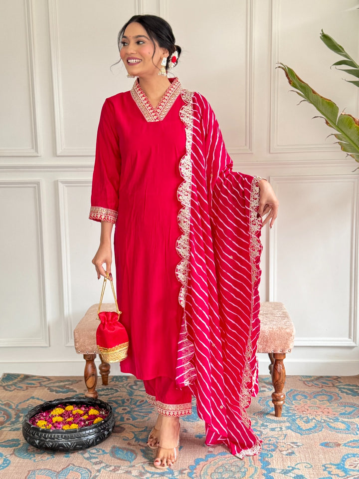 Radiant Red Chanderi Salwar Kameez with Elegant Embroidery | Perfect for Festive Wear