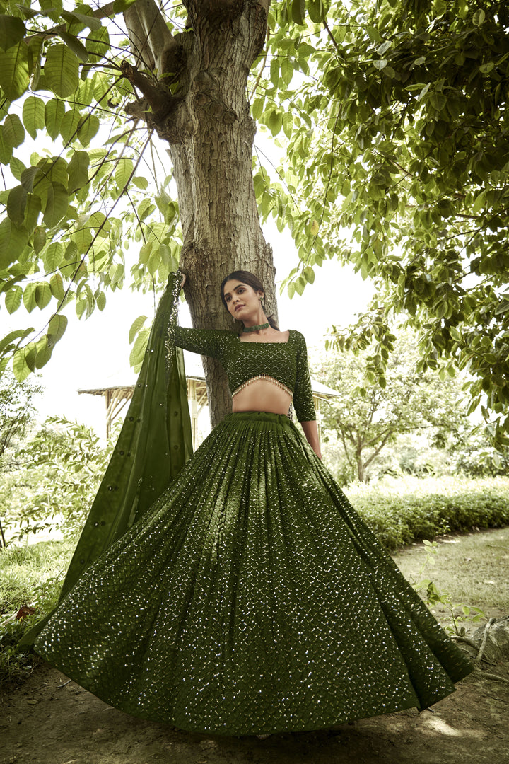 Elegant Olive Green Georgette Lehenga Choli with Sequins Work | Festive Attire