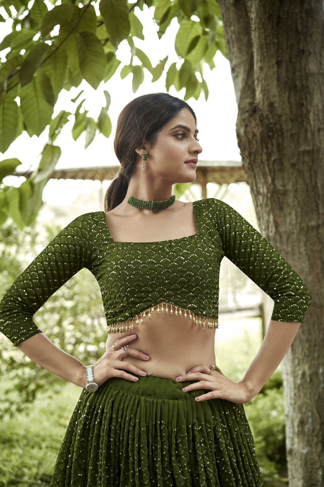 Elegant Olive Green Georgette Lehenga Choli with Sequins Work | Festive Attire