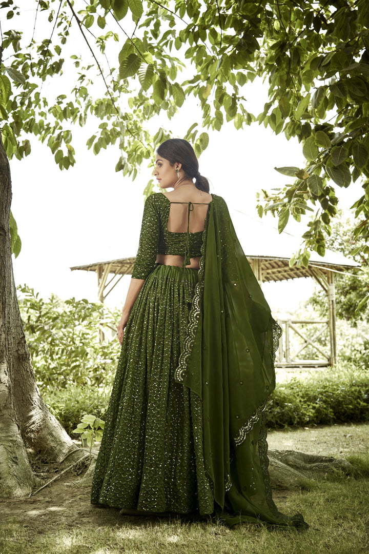 Elegant Olive Green Georgette Lehenga Choli with Sequins Work | Festive Attire