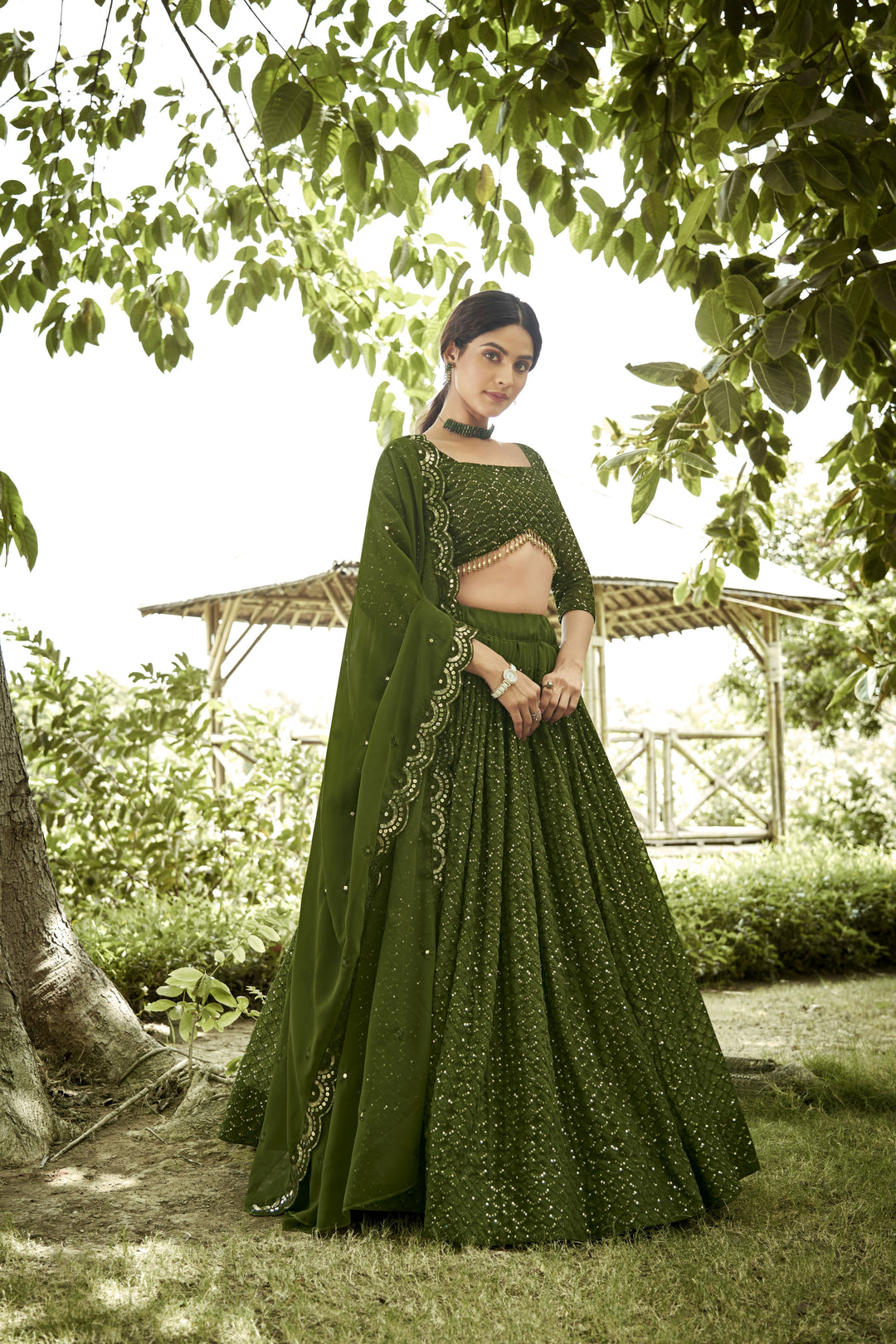 Elegant Olive Green Georgette Lehenga Choli with Sequins Work | Festive Attire