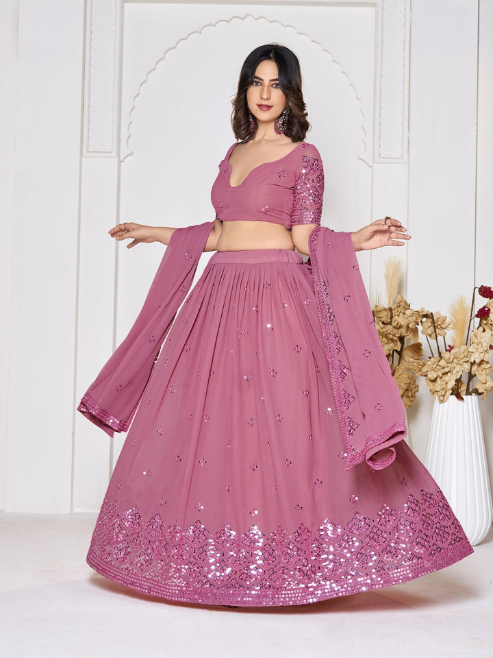 Dusty Pink Georgette Lehenga Choli Designer Sequence Embroidery | Festive Wear