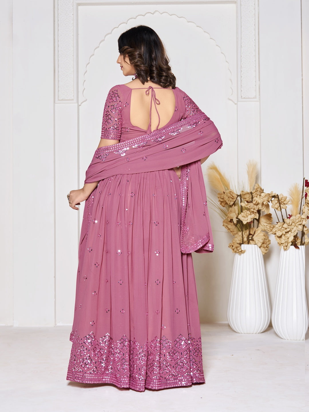 Dusty Pink Georgette Lehenga Choli Designer Sequence Embroidery | Festive Wear