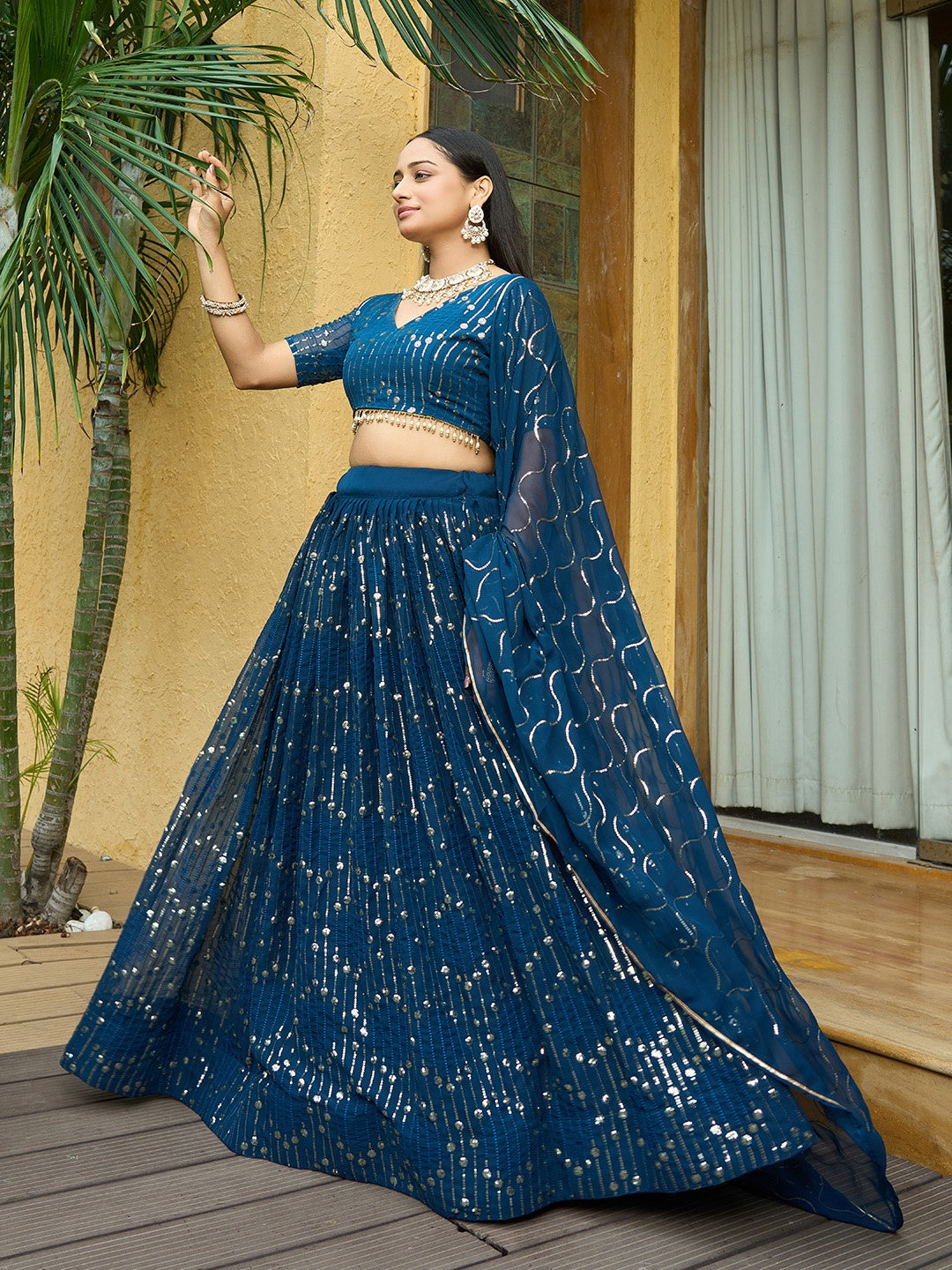 Teal Blue Georgette Lehenga Choli Designer Sequence Embroidery | Party Wear