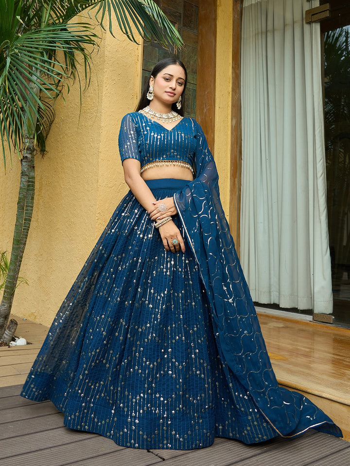 Teal Blue Georgette Lehenga Choli Designer Sequence Embroidery | Party Wear