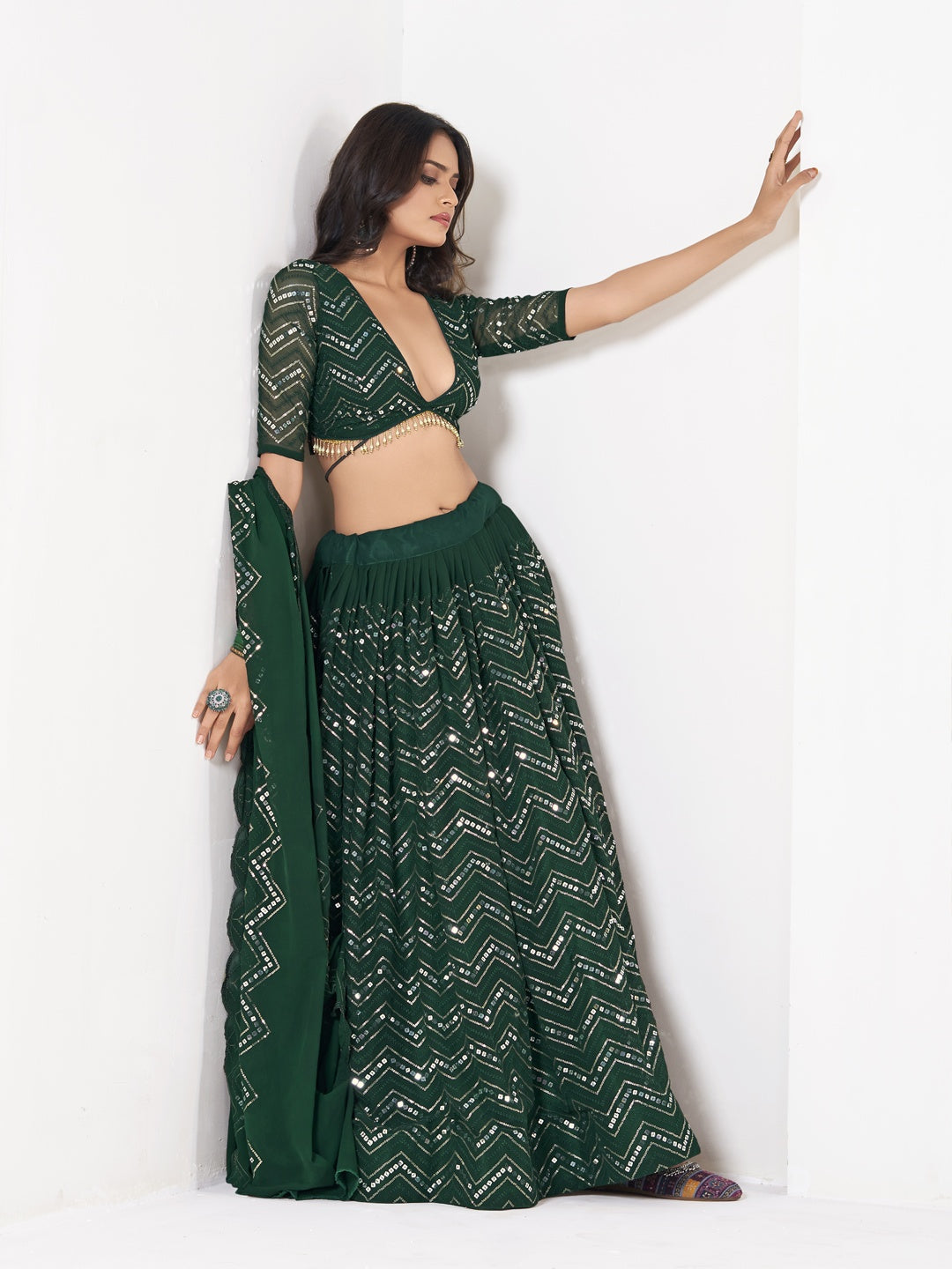 Dark Green Georgette Lehenga Choli Designer Sequence Embroidery | Festive Wear