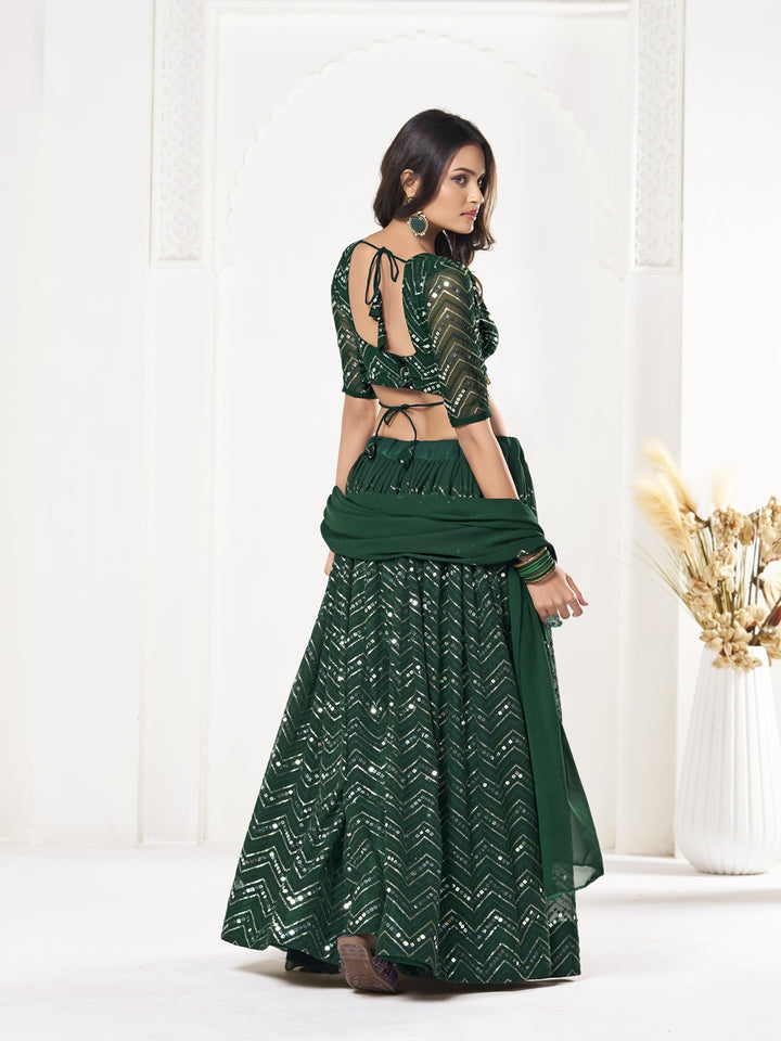 Dark Green Georgette Lehenga Choli Designer Sequence Embroidery | Festive Wear