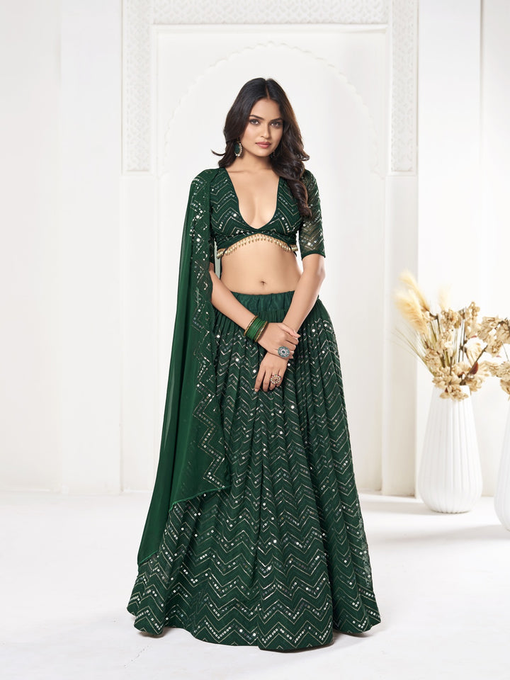 Dark Green Georgette Lehenga Choli Designer Sequence Embroidery | Festive Wear