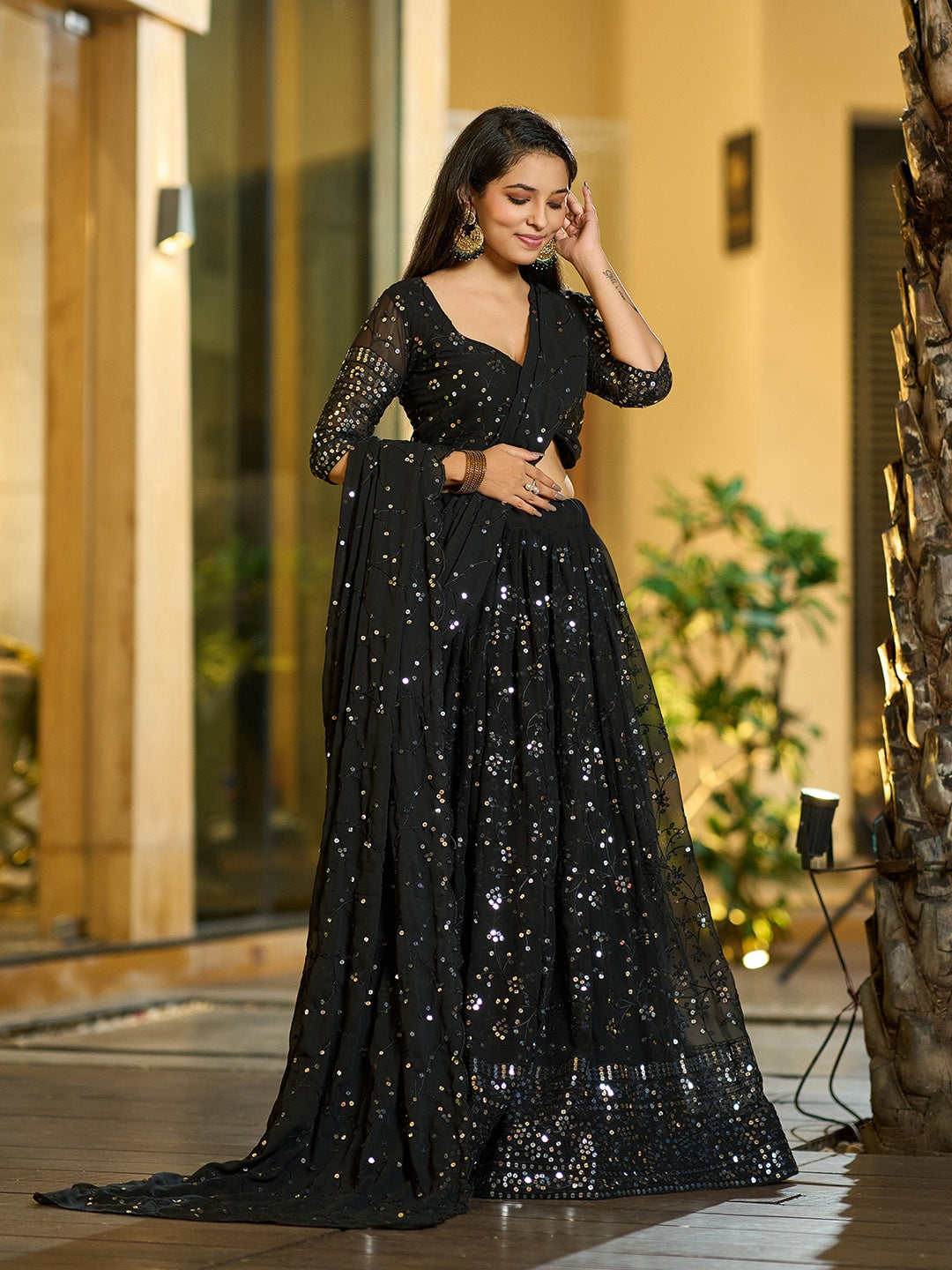 Black Georgette Lehenga Choli Designer Sequence Embroidery | Party Wear