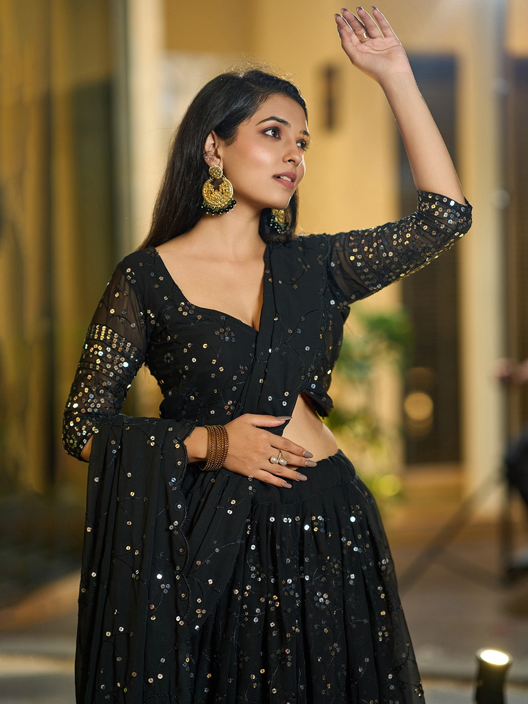 Black Georgette Lehenga Choli Designer Sequence Embroidery | Party Wear