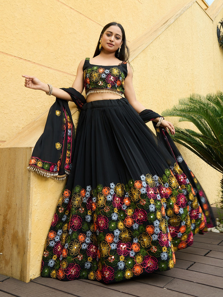 Black Georgette Lehenga Choli | Designer Embroidery & Sequins for Party Wear