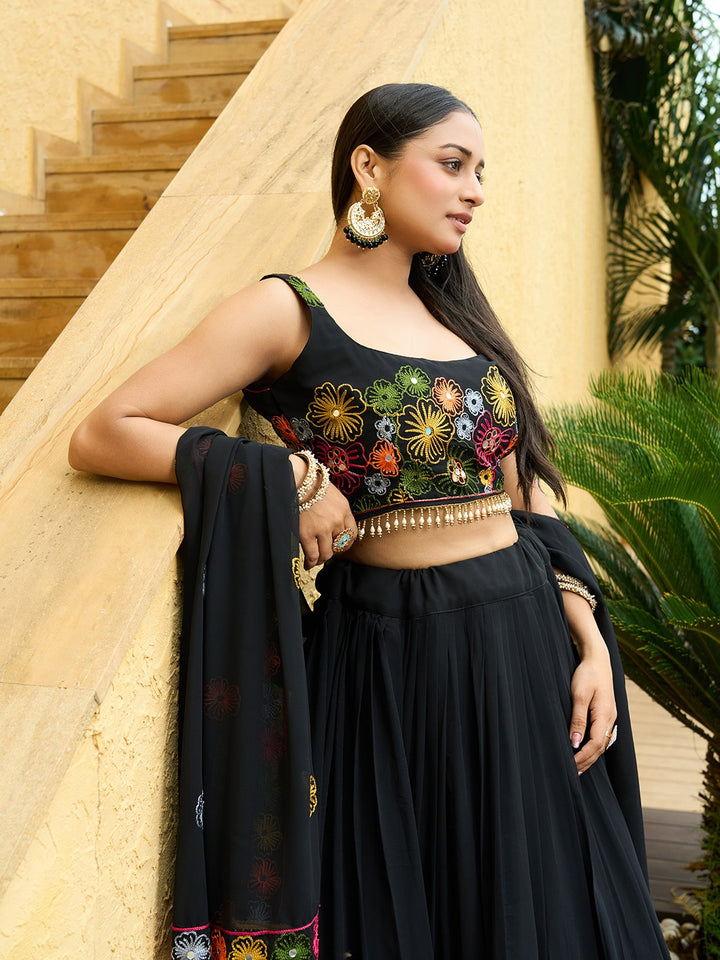 Black Georgette Lehenga Choli | Designer Embroidery & Sequins for Party Wear