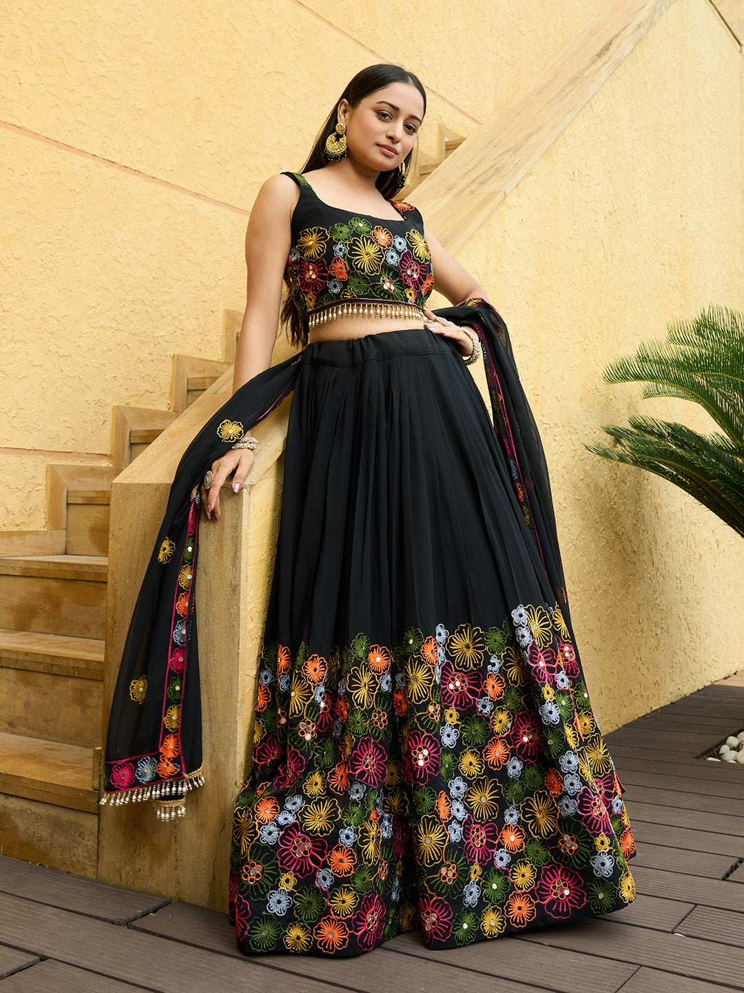 Black Georgette Lehenga Choli | Designer Embroidery & Sequins for Party Wear