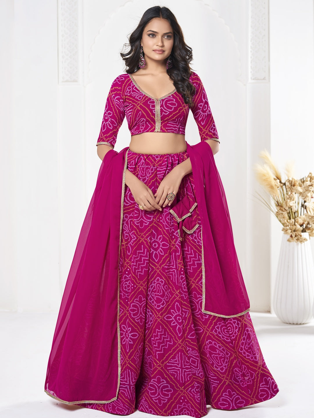 Pink Georgette Lehenga Choli | Bandhani Print Design for Special Occasions