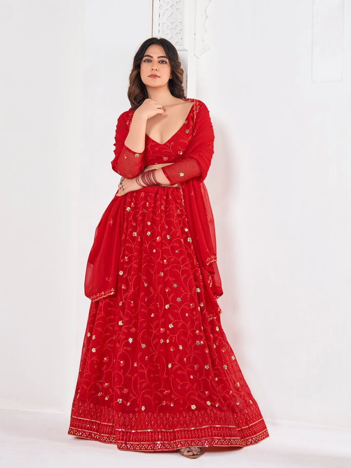 Stunning Red Georgette Lehenga with Red Dupatta | Crafted for Timeless Elegance