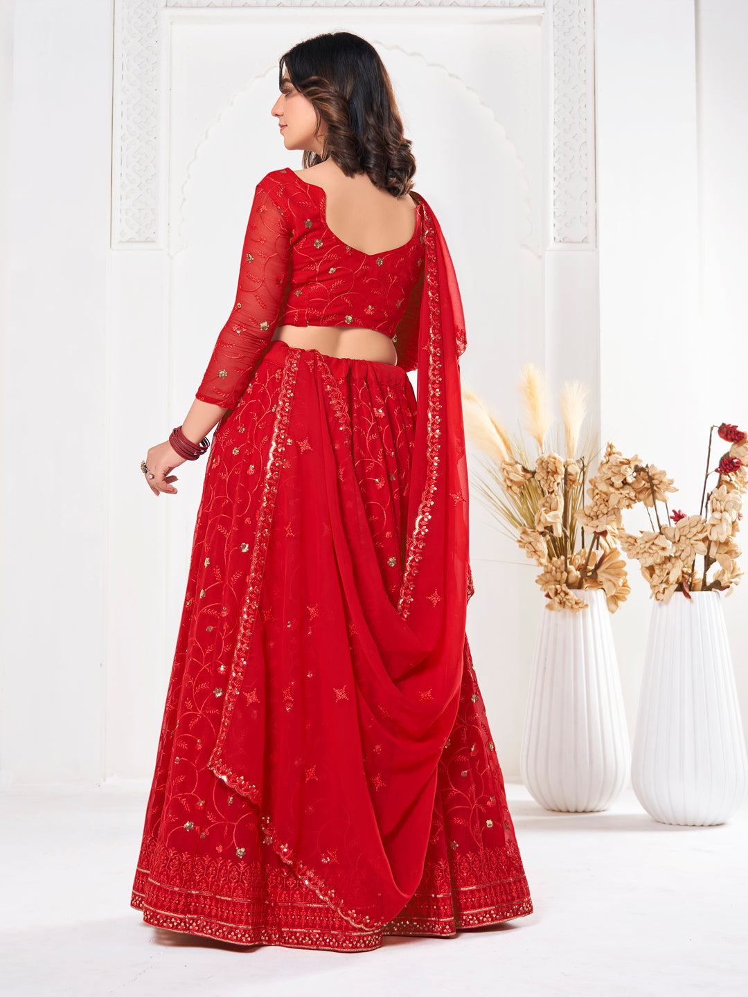 Stunning Red Georgette Lehenga with Red Dupatta | Crafted for Timeless Elegance