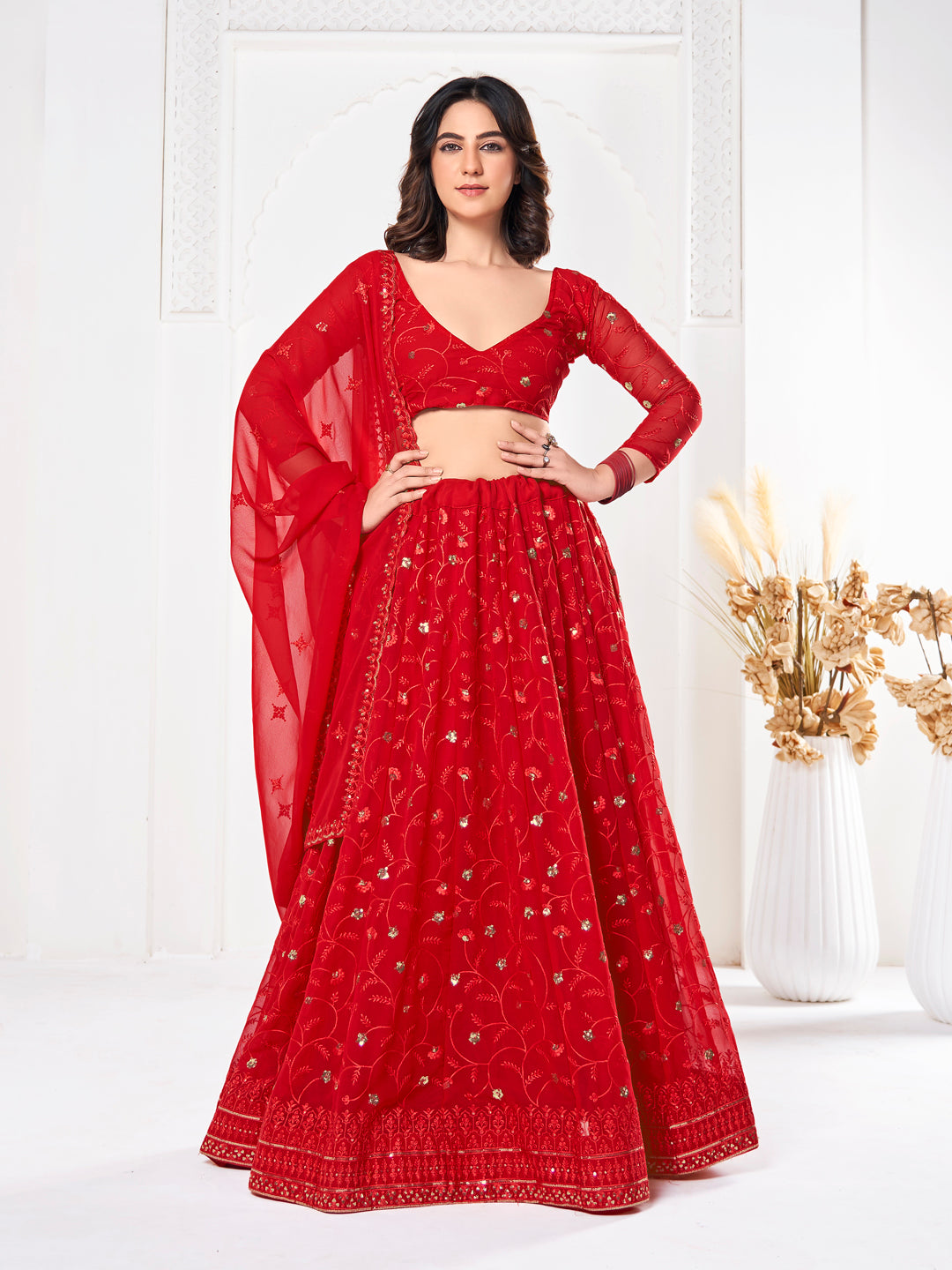 Stunning Red Georgette Lehenga with Red Dupatta | Crafted for Timeless Elegance