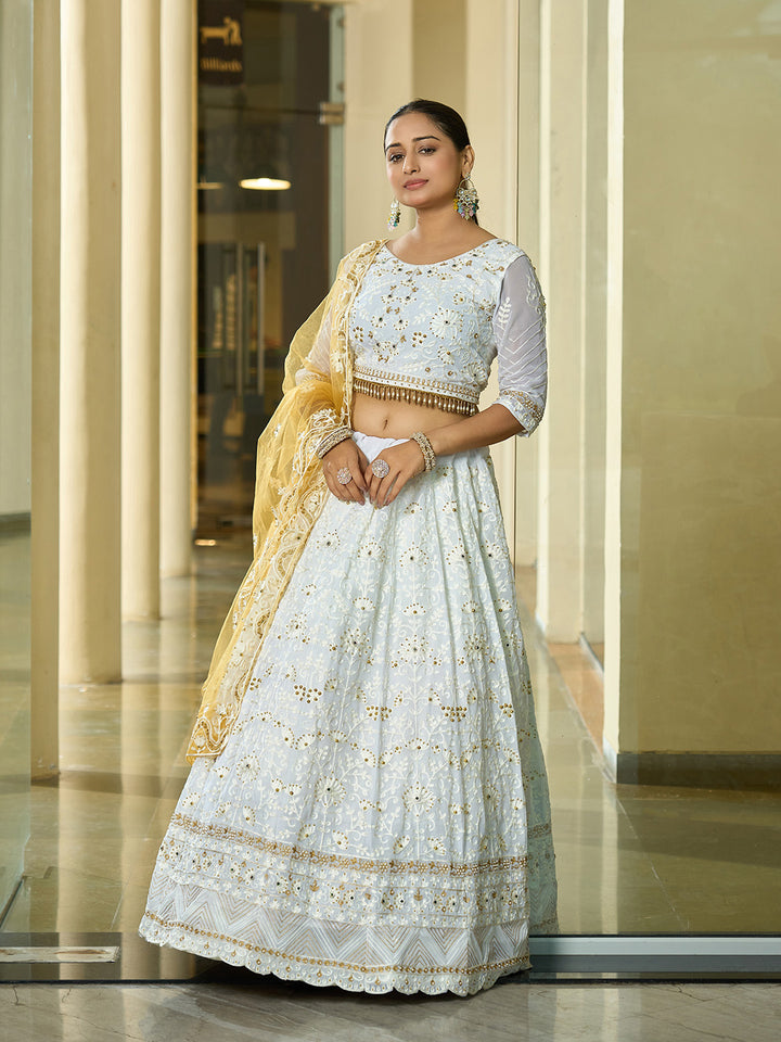 Radiant White Georgette Lehenga with Yellow Dupatta | Elegance Redefined for Brides