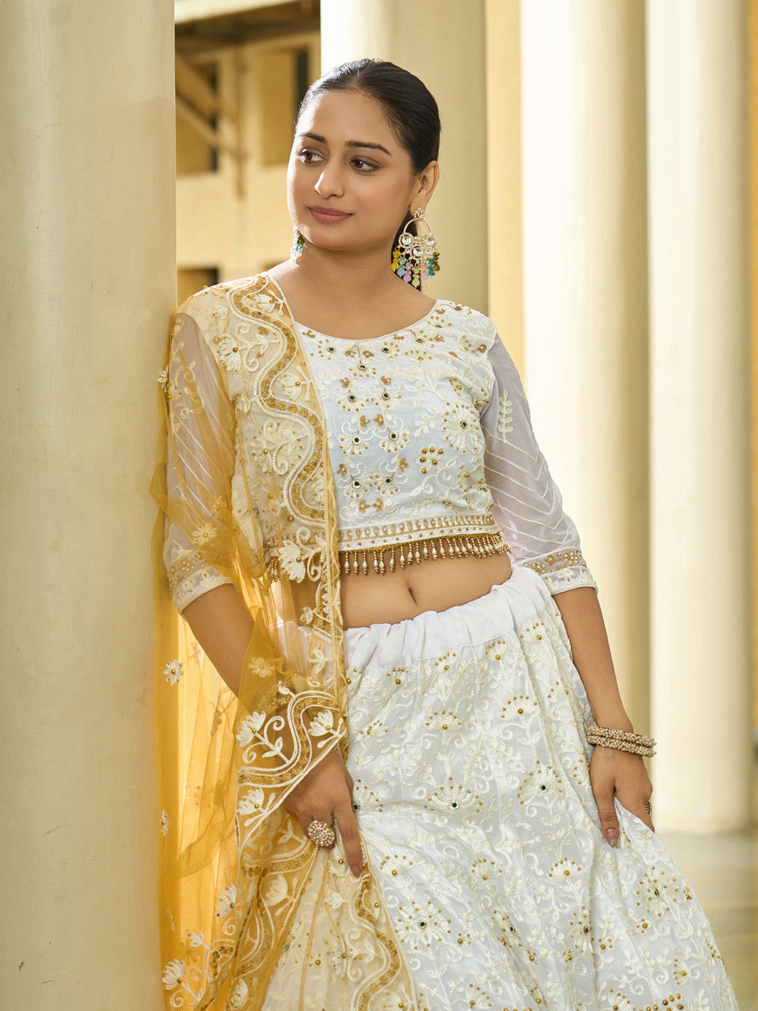 Radiant White Georgette Lehenga with Yellow Dupatta | Elegance Redefined for Brides