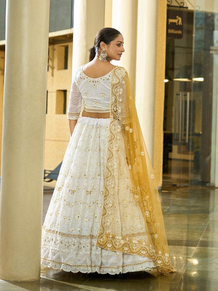 Radiant White Georgette Lehenga with Yellow Dupatta | Elegance Redefined for Brides