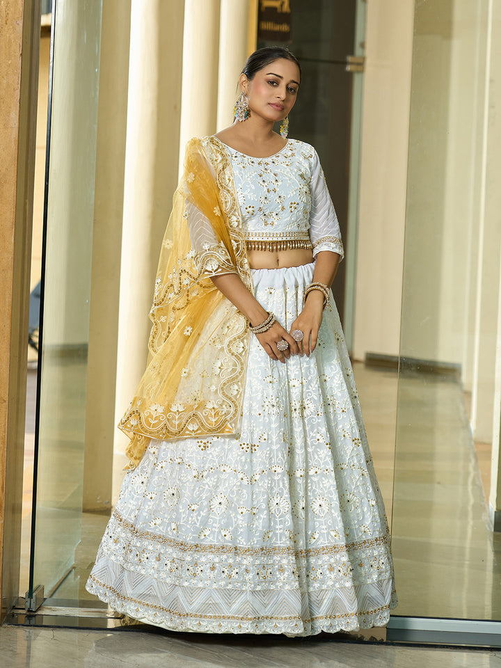 Radiant White Georgette Lehenga with Yellow Dupatta | Elegance Redefined for Brides