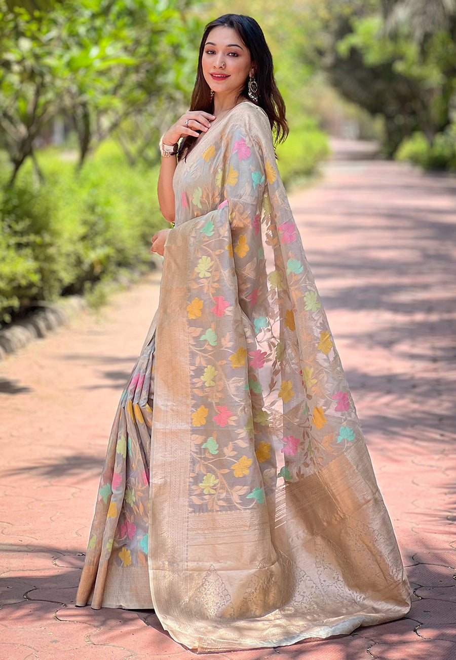 Elegant Organza Saree with Banarasi Silk | Meenakari Jaal Design for Events