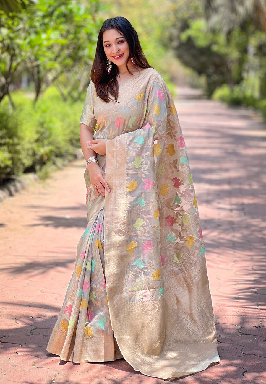 Elegant Organza Saree with Banarasi Silk | Meenakari Jaal Design for Events