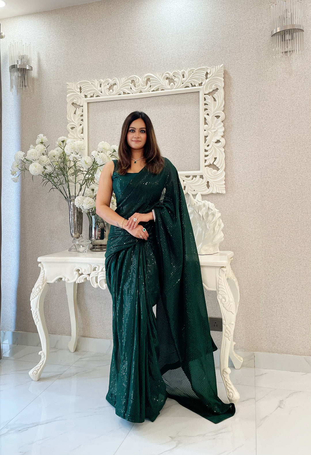 Elegant Georgette Saree | Heavy Sequin Embroidery | Banarasi Silk Touch